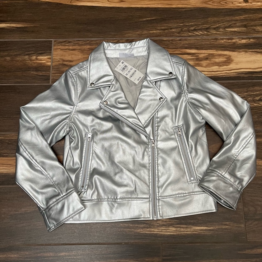 Girls silver faux leather jacket size medium 10/12